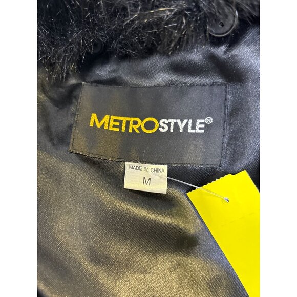 Metro Style Black Leather Jacket With Faux Fur Collar & Checkered Design M - Picture 8 of 9